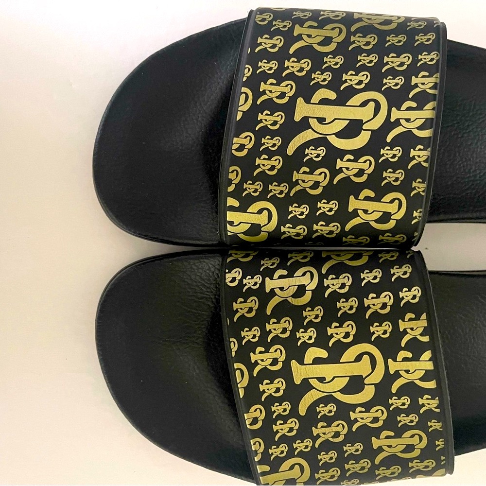 Stefano Ricci Black and Gold Patterned Slide Sandals - Picture 3 of 6